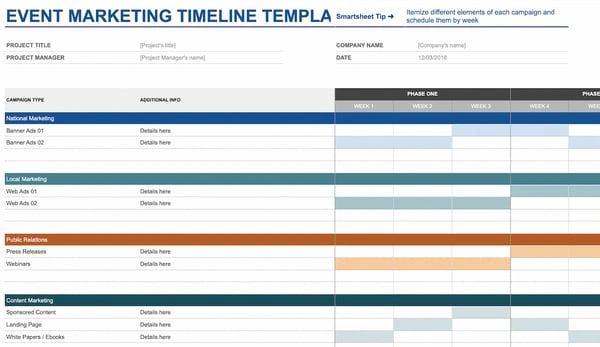 modelo de cronograma de marketing de eventos para planilhas do Google