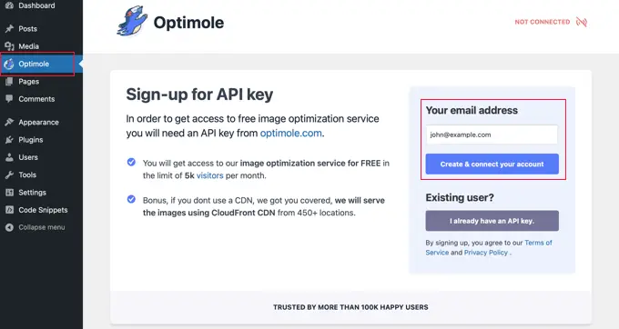 Sign Up for an Optimole API Key