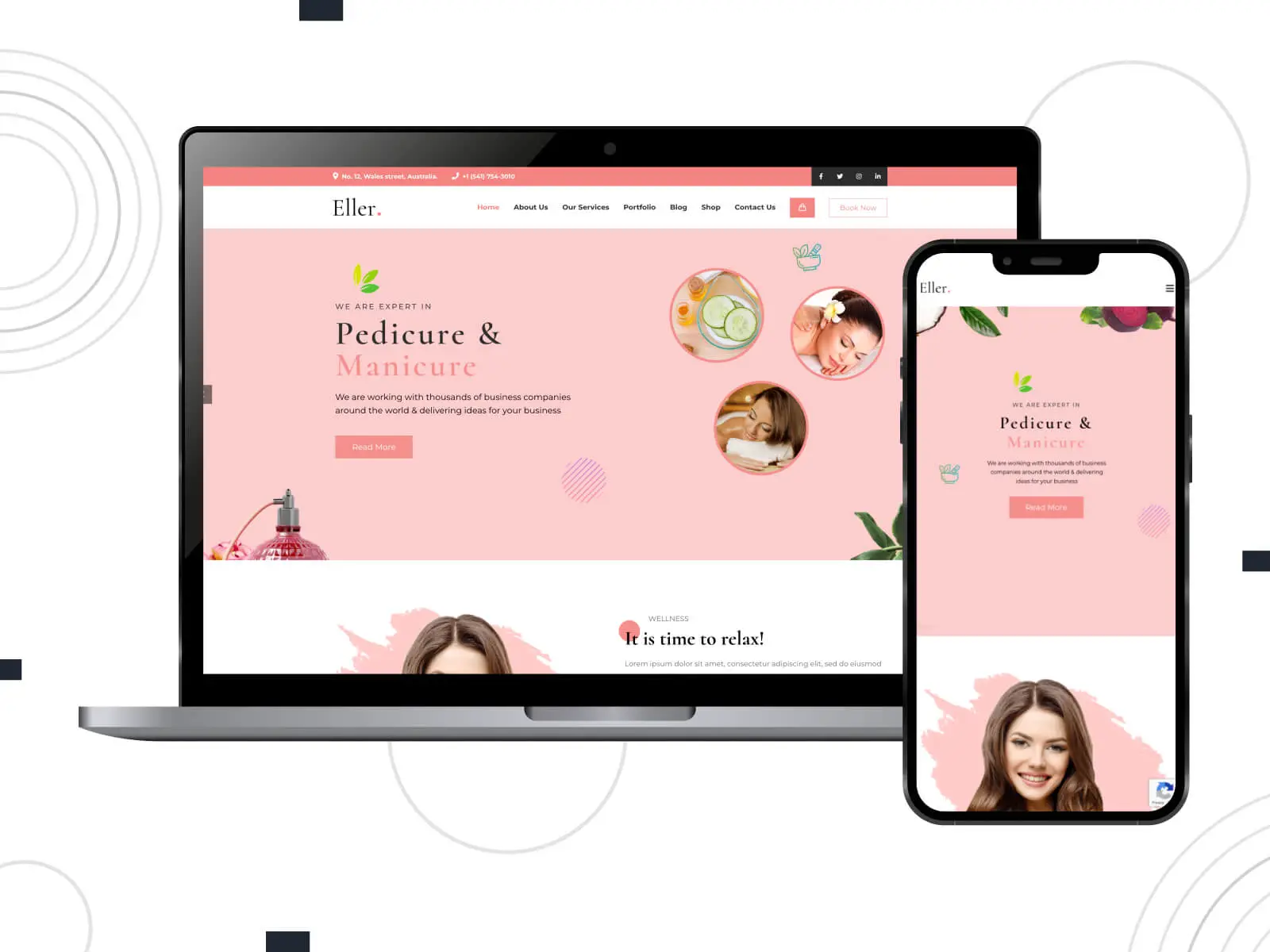 Instantánea de Eller: diseño de WordPress ligero y rico para peluquería con una apariencia limpia e intuitiva en una combinación de colores rosa, marrón rosado y perú