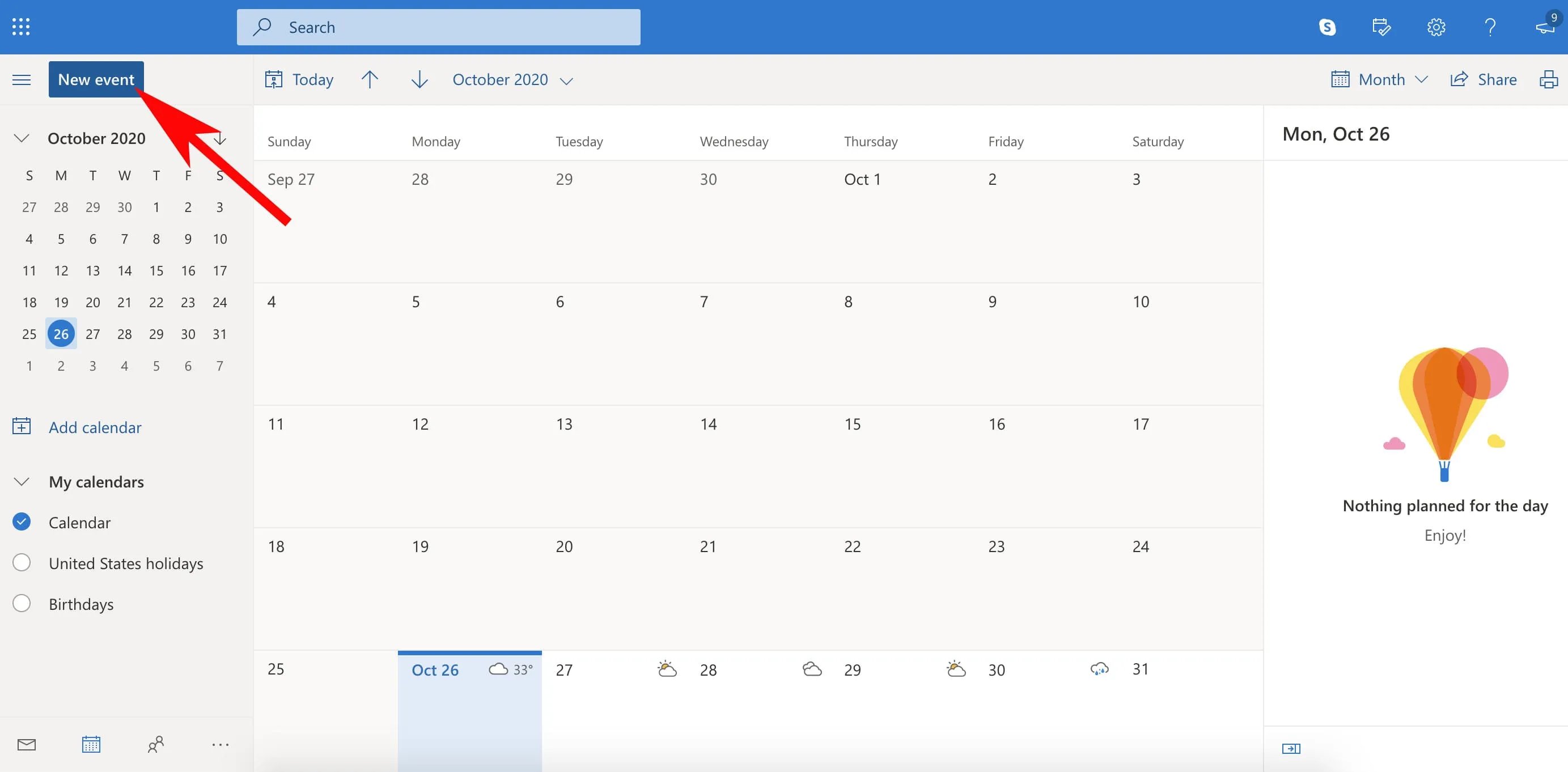 página inicial do calendário do Outlook com seta apontando para o botão de novo evento