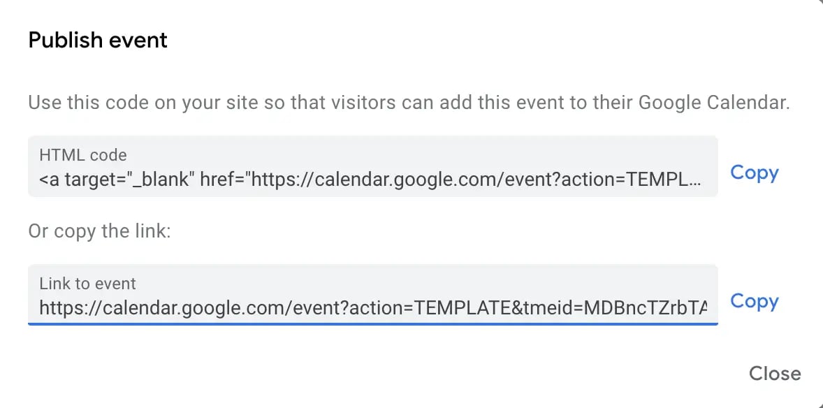 Evento de publicación del calendario de Gmail