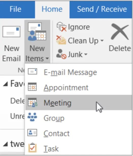 Screenshot della scheda della riunione in Outlook; come inviare un invito del calendario