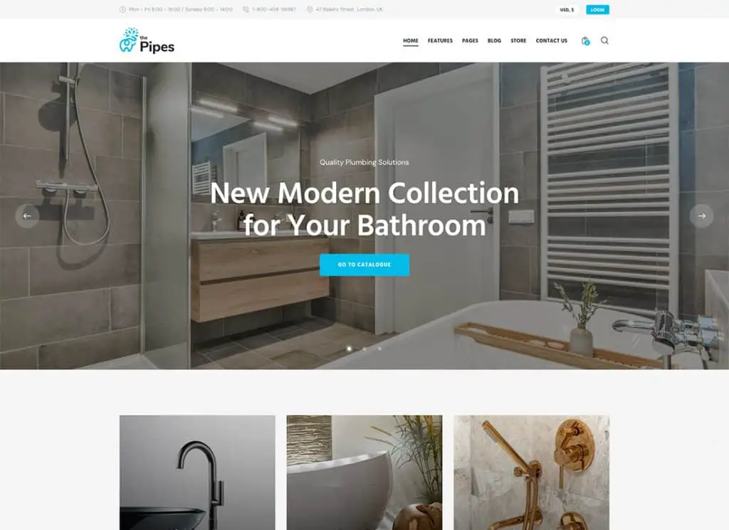 The Pipes - Tema WordPress Toko Layanan Plumbing dan Peralatan Bangunan