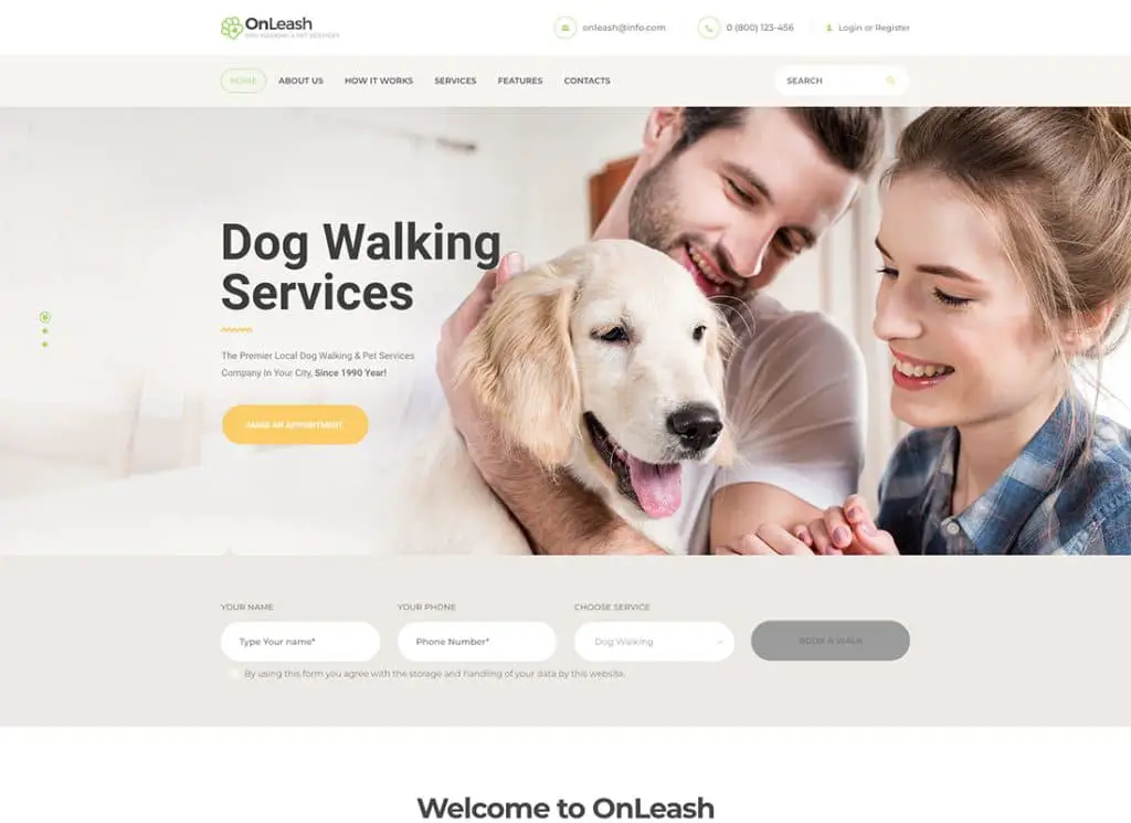 OnLeash - Tema de WordPress veterinario para paseos de perros y servicios para mascotas