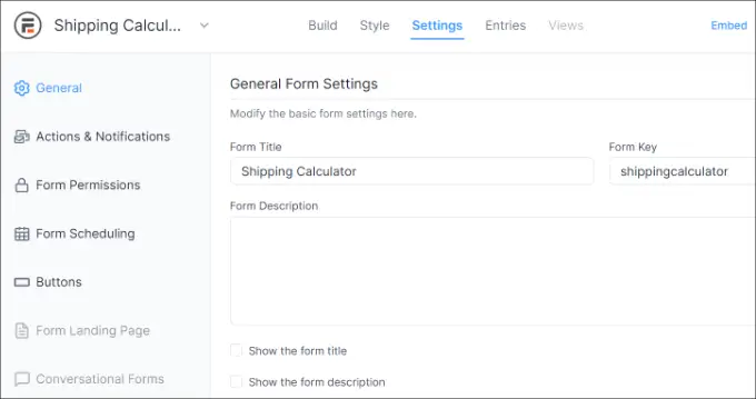 Change form settings in formidable