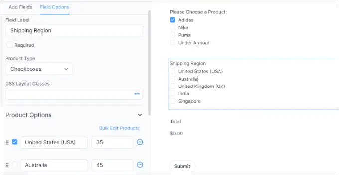 Add shipping regions to form