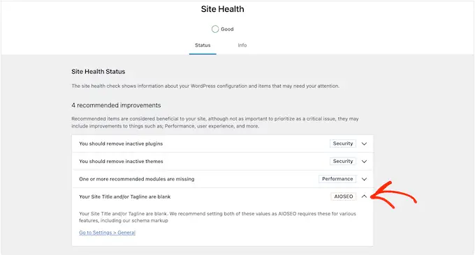 The WordPress site health feature