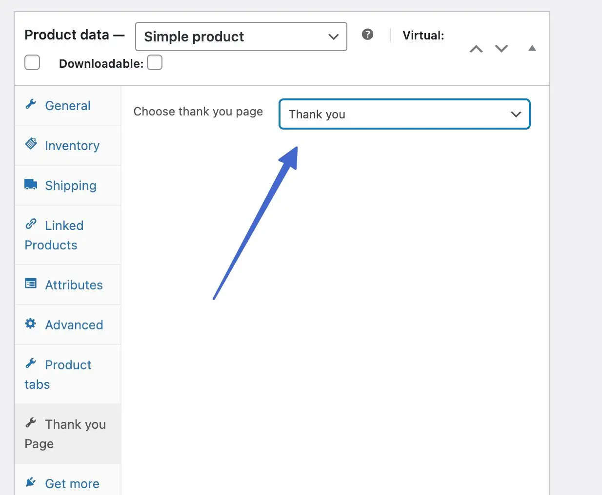 WooCommerce 감사 페이지를 선택하세요.