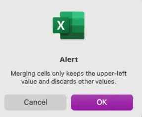 Alert podczas łączenia komórek w programie Excel