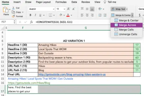 seleziona Unisci attraverso da un menu a discesa