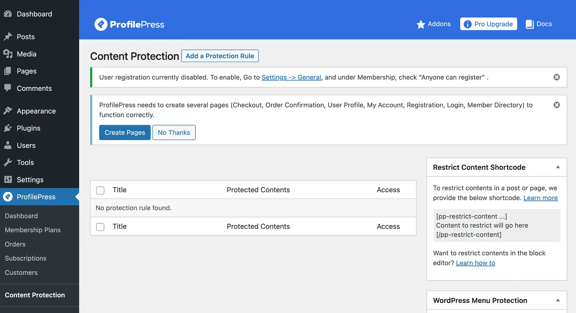 Aggiunta di una regola di protezione in ProfilePress per limitare i contenuti in WordPress.