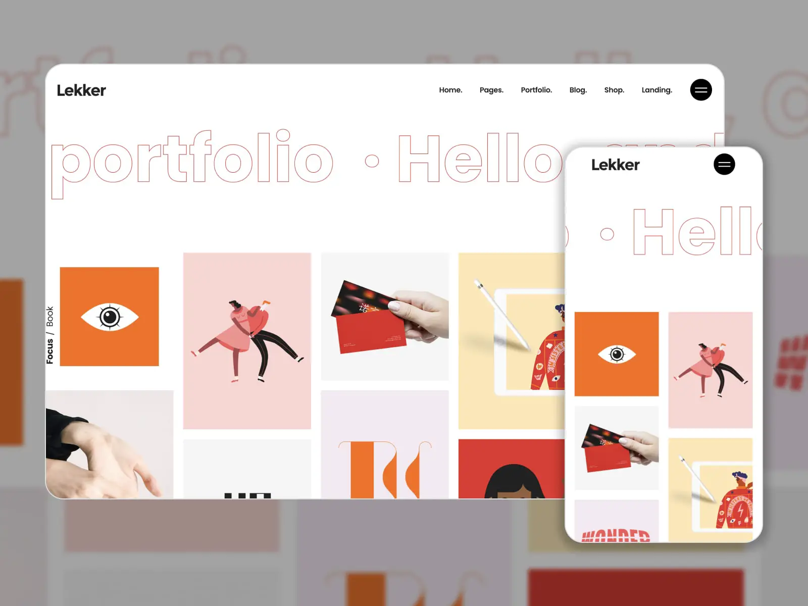 Collage des modèles de portfolio Lekker pour les sites Web illustrateurs Elementor dans les couleurs orange, rose et gris.