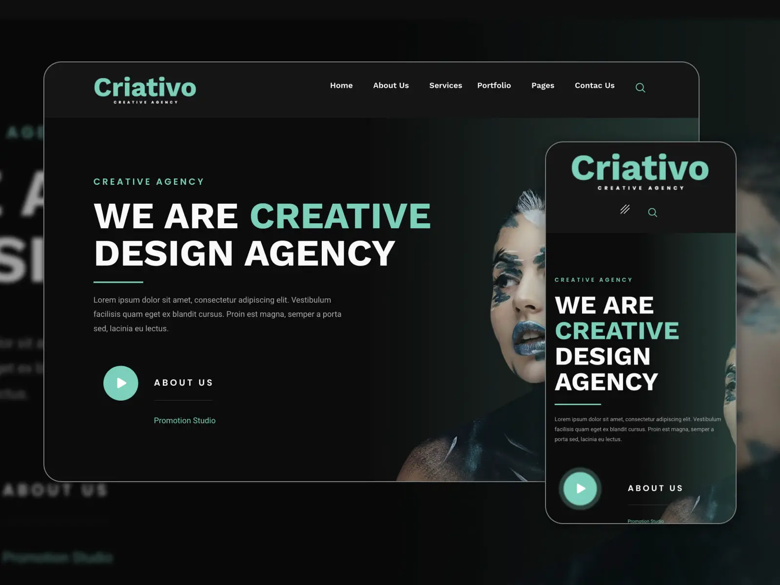 ภาพต่อกันของชุดเทมเพลตผลงานสร้างสรรค์ของ Criativo สำหรับเว็บไซต์ในโหมดมืด