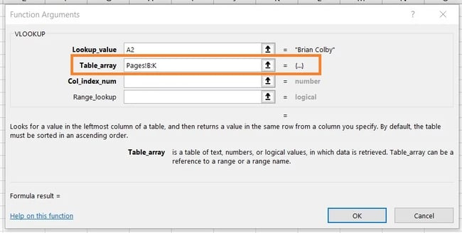 Verwenden von VLOOKUP: Tabellenarray festlegen