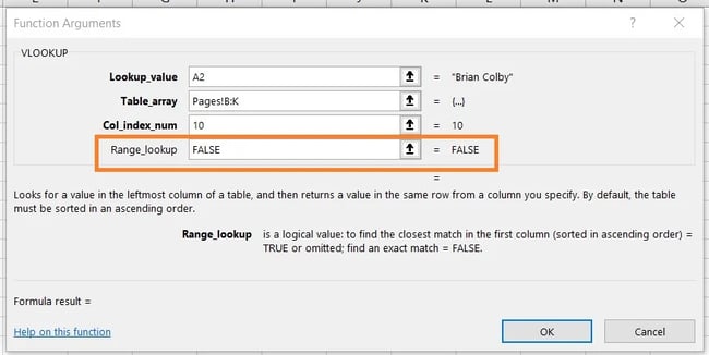 VLOOKUP の使用: 範囲ルックアップを True または False として指定する