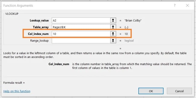 Использование VLOOKUP: обозначение Col_Index_Num