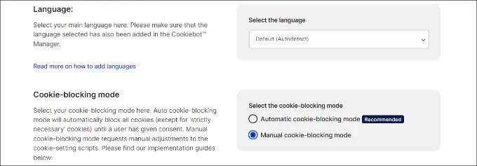 Select language and cookie blocking settings