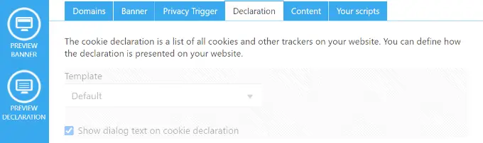 Declaration settings in Cookiebot