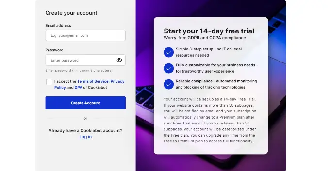 Create a CookieBot account