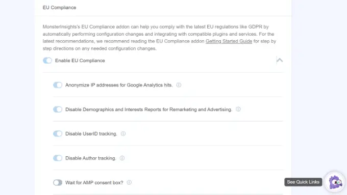 View EU compliance settings in MonsterInsights