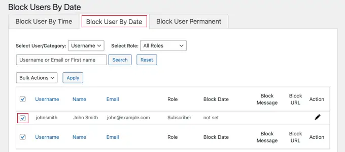 Select the Users You Wish to Block by Date