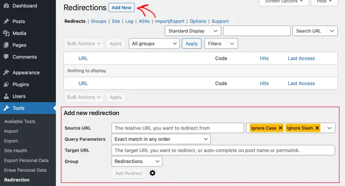 Redirections Settings Page