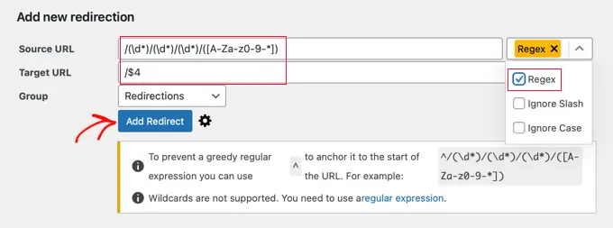 Redirections Settings for Day and Name Permalinks