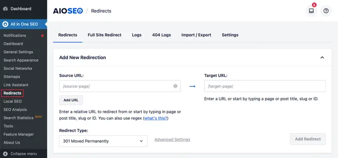 All in One SEO Redirects Tab