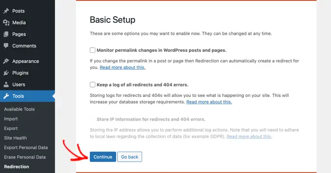 Continue Redirections Setup