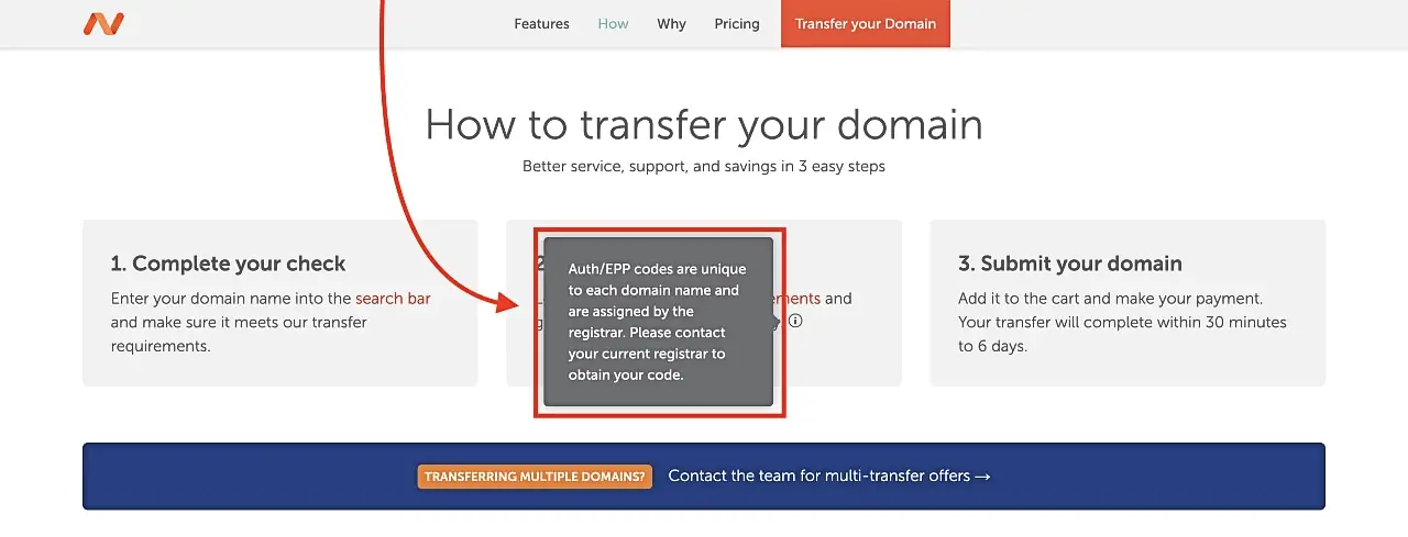 Penjelasan kode otorisasi transfer nama domain di website Namecheap.