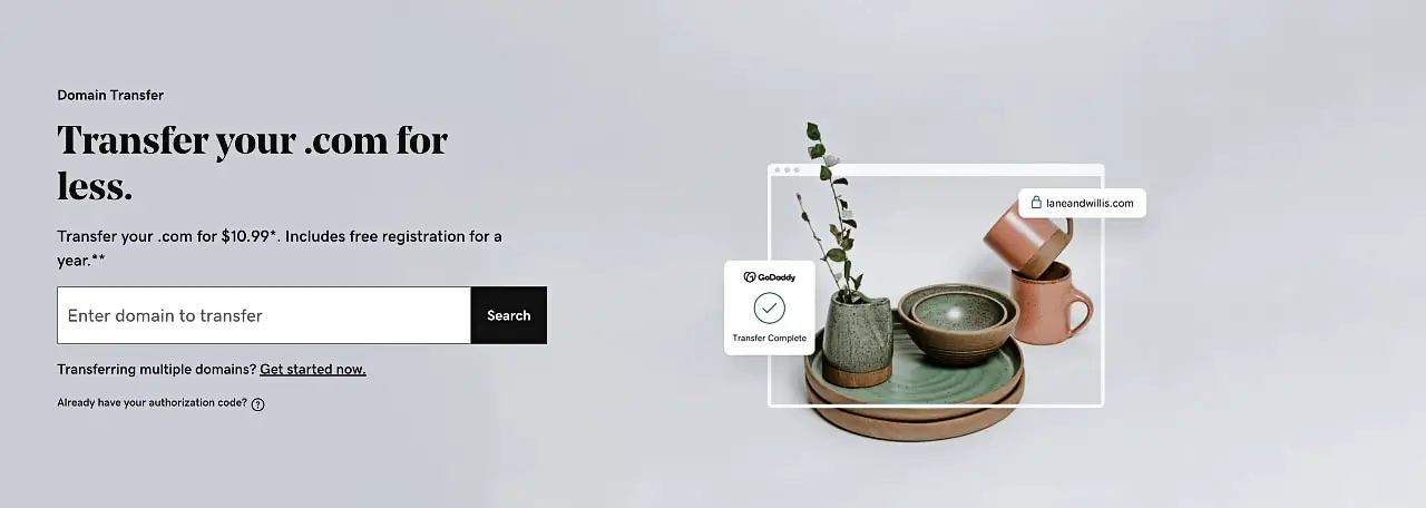 Halaman transfer nama domain di situs web GoDaddy.