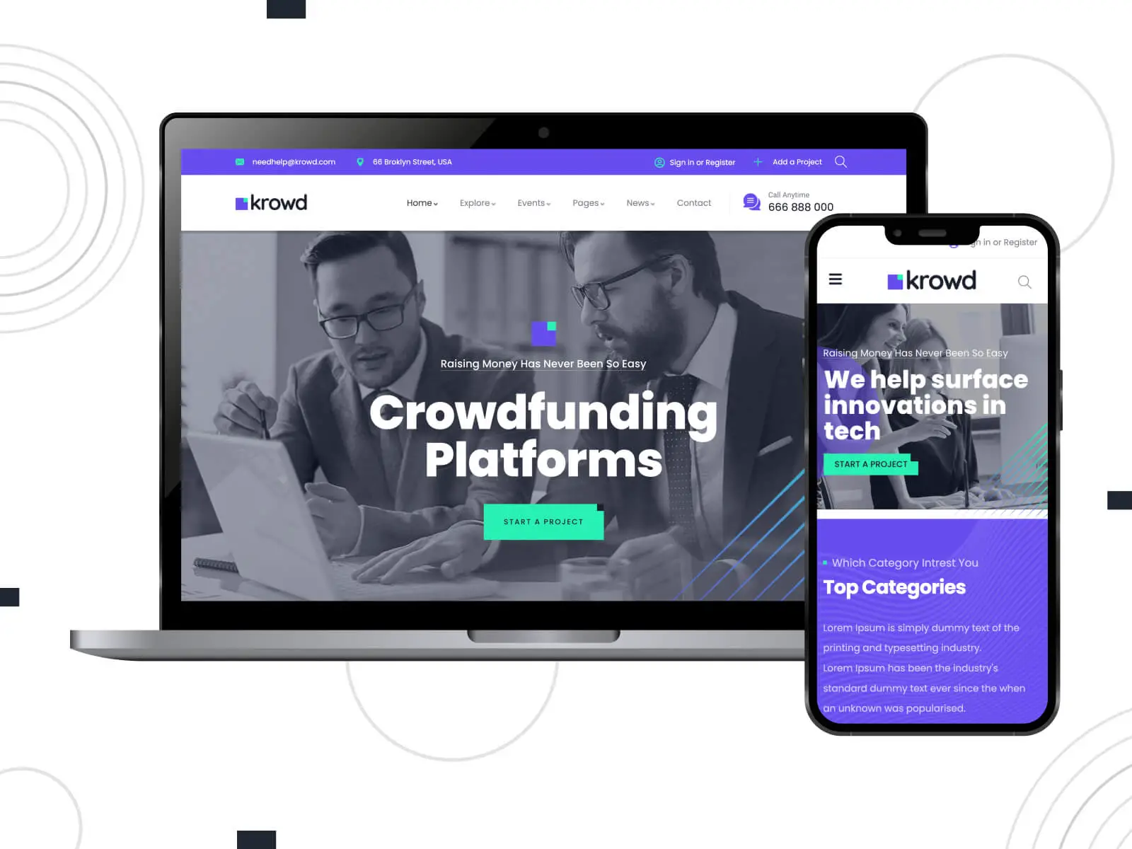 صورة لـ Krowd - سمة WordPress الخيرية المظللة والواضحة والمتوافقة مع المتصفحات باللون الرمادي الداكن والأزرق الداكن والتدرج اللوني الفيروزي.