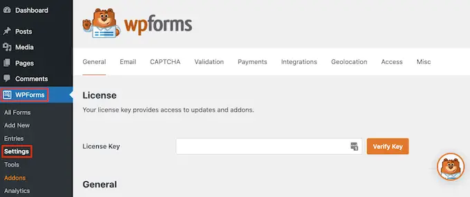 Adding a license key to the WPForms form builder plugin