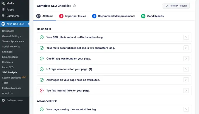 SEO audit report in AIOSEO