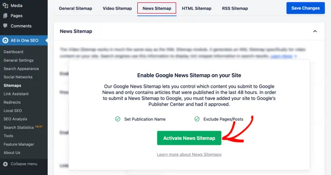 Click the 'Activate News Sitemap' Button