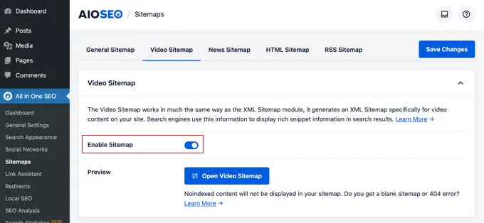 Enabling video sitemaps in All in One SEO for WordPress