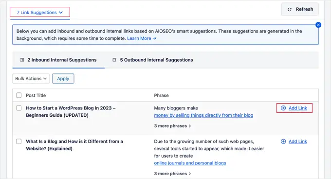 Viewing Link Suggestions Offered by AIOSEO's Link Assistant