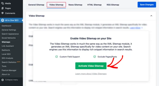 Click the 'Activate Video Sitemap' Button