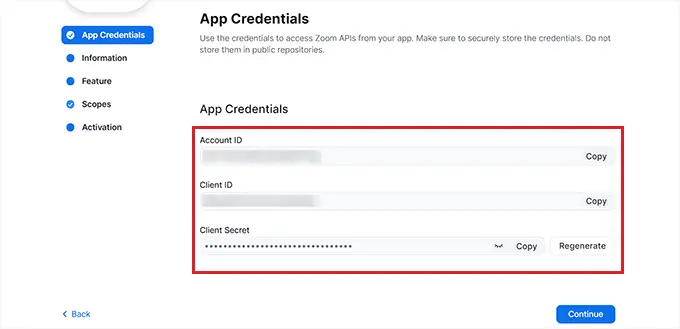 Copy the Zoom app credentials