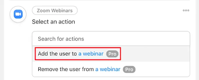 Select add user to webinar