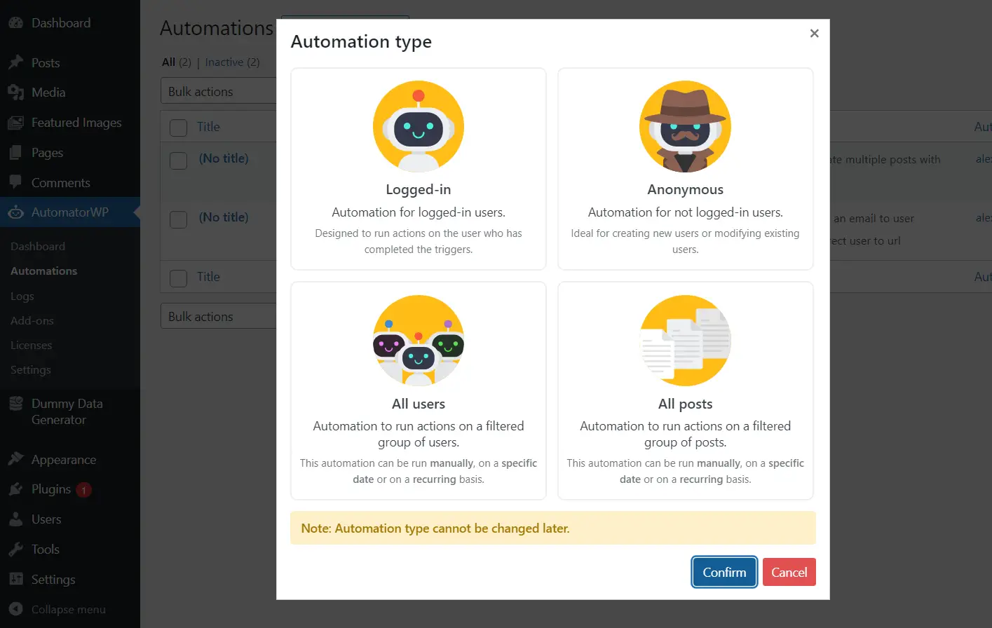 تحديد نوع الأتمتة المراد إنشاؤها في البرنامج الإضافي AutomatorWP.