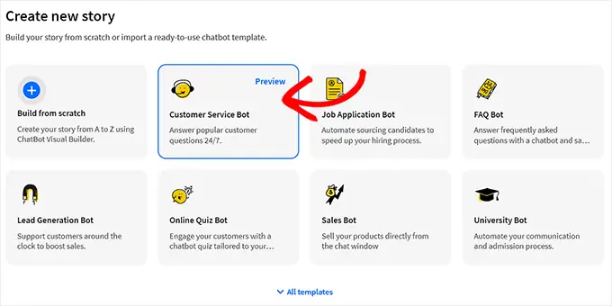 Choose the customer service bot template