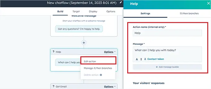 configure chatbot action settings