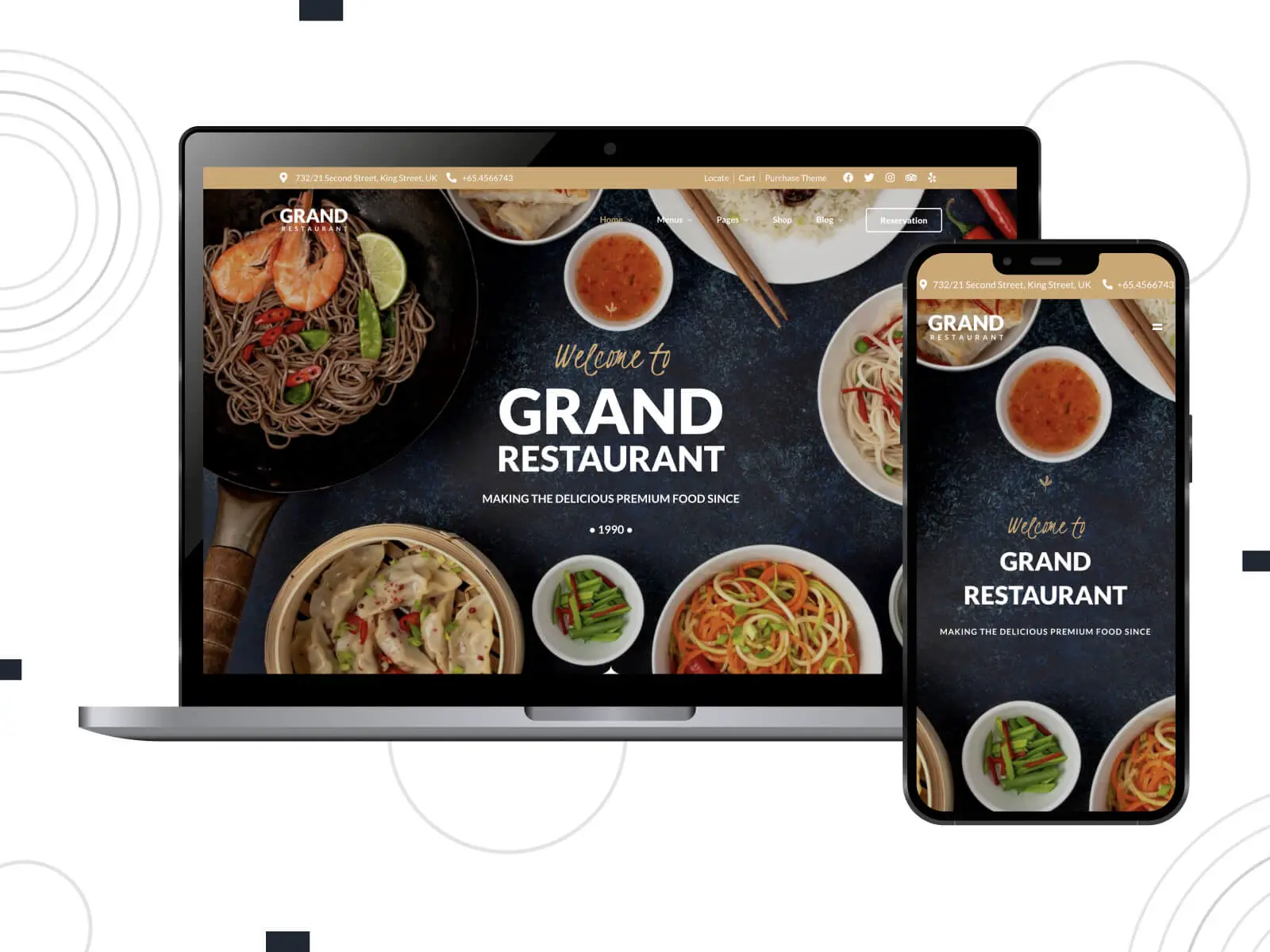 Cuplikan Grand Restaurant - tema WordPress bergaya grid yang gelap dan menarik untuk menampilkan opsi pengiriman makanan dalam rentang warna coklat kemerahan dan sienna.