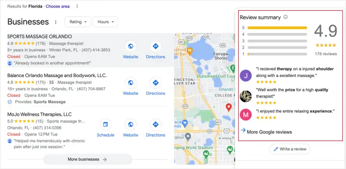 Google Reviews Shown on a Search Engine Results Page