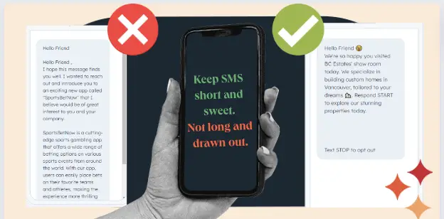 Gambar yang membandingkan SMS berlarut-larut yang ditulis dengan buruk vs. kampanye SMS yang berkualitas baik, ringkas, dan pendek