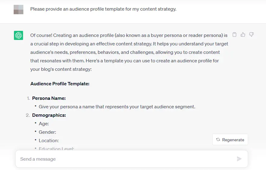 Pedirle a ChatGPT que genere una plantilla de audiencia como parte de una estrategia de contenido.