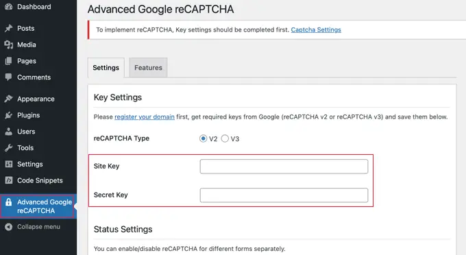 The Advanced Google reCAPTCHA Settings Page