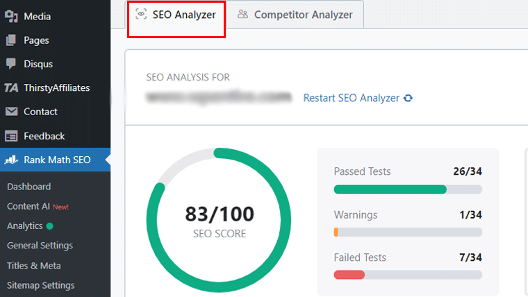 Resultado do analisador de SEO