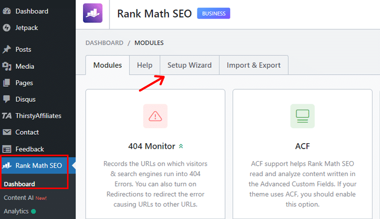 Accesați Tabloul de bord SEO Rank Math și Expertul de configurare